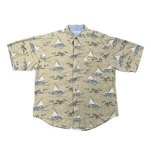 Vintage Bugle Boy Hawaiian Shirt Sailboat Island Print Linen Blend XXL
